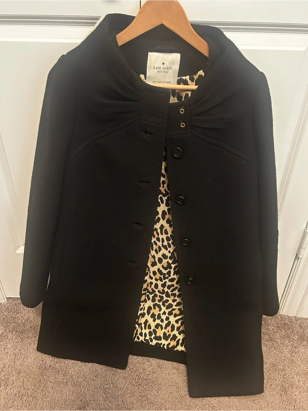 kate spade Black Pea Coat with Leopard-Print Lining